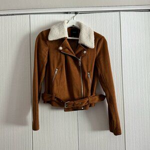 Cropped Faux-Suede Moto Jacket w/ Faux-Shearling and Asymmetrical Zip | Cognac